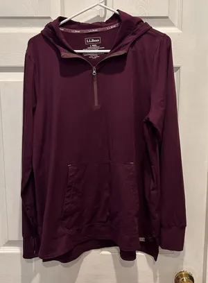 LL Bean Womens Large 1/4 Zip Hoodie Burgundy‎ Performance Pullover Thumbholes thumbnail 1
