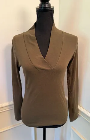 Lilla P 100% Cotton Long Sleeve Overlap V-Neck Top Olive Green Minimalist Layer thumbnail 1