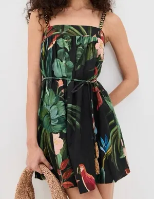 Farm Rio Midnight Macaw Fiesta Black Mini Dress with straps Medium thumbnail 1