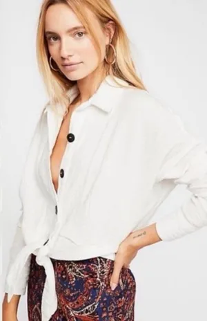 Free People Sunstreaks Tie-Front Shirt White Gauze Button Down Boho Cropped LRG thumbnail 1