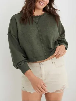 Aerie Beach Party Olive Green Cropped Crewneck Sweatshirt Size XL thumbnail 1