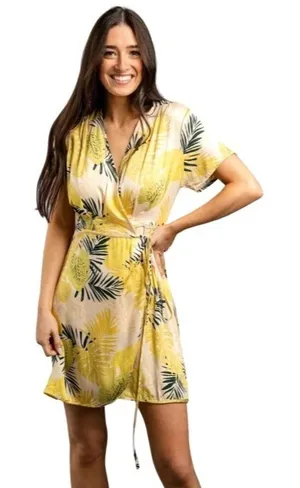 Dress Forum Wrap‎ Dress Womens M Yellow Floral Tropical Short Sleeve Mini thumbnail 1