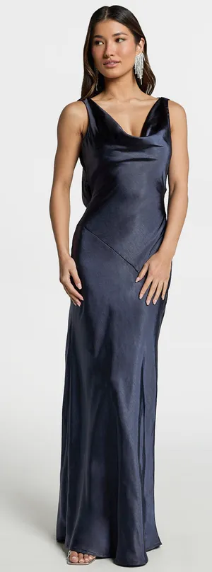 New Showpo Adilah Maxi Dress Cowl Neck Satin Dress In Navy Size Small MSRP $129 thumbnail 1