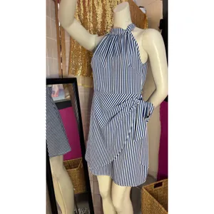 Blue and White Striped Halter Wrap Mini Dress Side Tie High Neck Nautical Summer thumbnail 4