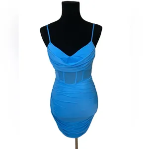 Sexy Blue Ruched Mesh Sheer Corset Sleeveless Bodycon Mini Dress thumbnail 2
