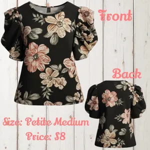 Floral Puff Sleeved Blouse Black Size M thumbnail 2