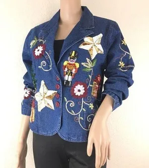 Christmas Sequin Patches Denim Blazer Size L thumbnail 1