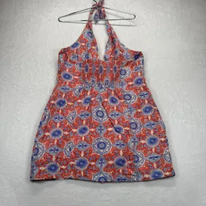 Maeve Anthropologie Halter Dress Button Front Linen‎ Blend Red Blue Large thumbnail 10