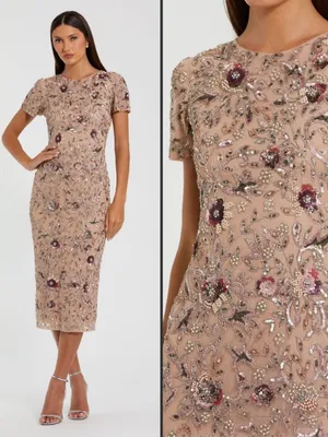 NWT MAC DUGGAL 10102 Beige Floral Embellished Short Sleeve Midi Dress Size 4 thumbnail 2
