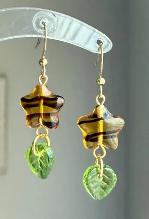 Handmade unique retro vintage fairy boho style dangle earrings w/ quality Czech glass beads mix 🌀🍃💛 thumbnail 1