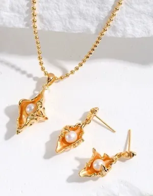 NEW Conchshell sterling silver necklace earring jewelry set 18k REAL gold plated thumbnail 1