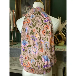 Gypsy Love Floral Halter Top Pink Smocked Neck Bubble Hem‎ Tank Large NWT thumbnail 3