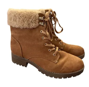 Old Navy Lace Up Combat Boots Faux Fur Trim Lug Sole Brown 8 thumbnail 1