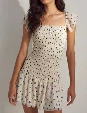 Wilfred‎ Artizia Smocked Ivory Dress Eldorado blue ivory mini ruffles dot thumbnail 1