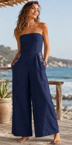 Bombay Paisley Strapless‎ Embroidered Linen Blend Jumpsuit Navy Blue XS Boho thumbnail 1