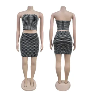 NWT Sequin Rhinestone Tube Top and Mini Skirt Two Piece Set Black Silver Med‎ thumbnail 3
