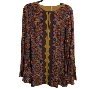 Free People Paisley Bell Sleeve Mini Dress Yellow Purple Boho Retro Size 4‎ thumbnail 2