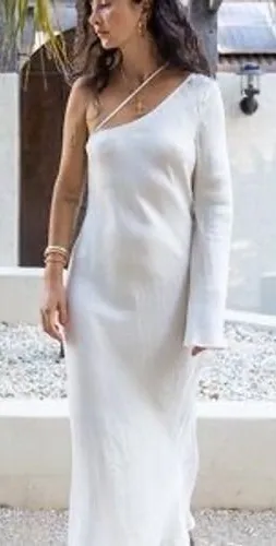 VRG GRL Silver Springs White Bias‎ Cut One Shoulder Maxi Dress Size 6 NEW thumbnail 1