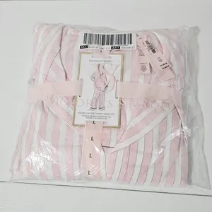Victoria's Secret Flannel Popover Long Pajama Set-Pink & White -Size L- 26926857 thumbnail 3
