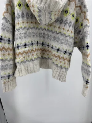 American Eagle Cozy Cream Fair Isle V-Neck hooded Sweater wool blend XL winter thumbnail 5