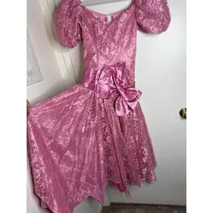 Vintage 80s Pink Lace Prom Dress Puff Sleeve Big Satin Bow Party Princesscore thumbnail 3