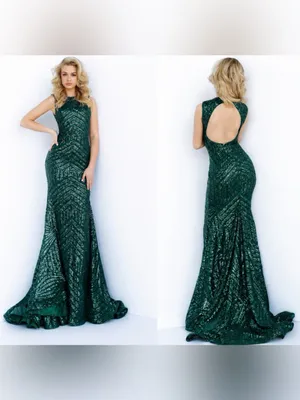 Jovani Hunter Green Sequin Open-Back Holiday Dress w/Small Train Sz 22 thumbnail 2