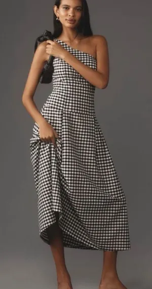 By Anthropologie One-Shoulder Black White Gingham Midi Dress XXS thumbnail 1