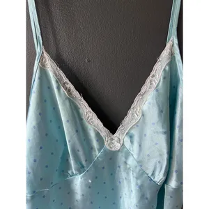 Adonna Light Turquoise Blue Polka Dot Satin Slip Dress with Lace Trim thumbnail 3