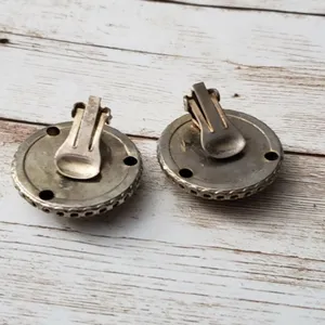 Vintage Clip On Earrings Circle with Halo Spotted with Line Design thumbnail 3