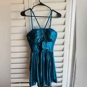 Sherri Hill Metallic Teal One-Shoulder Pleated Evening Gown thumbnail 3