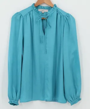LOFT Ruffle Neck Tie Front Blouse Top Womens Size S Blue Teal Ruffle Renaissance thumbnail 1