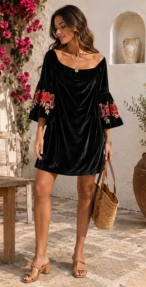 Pretty Angel Black Velvet Off The Shoulder Mini Dress Floral Embroidered Bell Sleeve Shift thumbnail 1