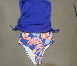 Cupshe Size S Blue Ribbed Tankini Top and Floral High-Waisted Bikini Bottom Set thumbnail 3