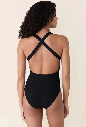 Andie The Ribbed Tulum Scoop Neck One Piece Cross Back Swimsuit Black XXL thumbnail 1