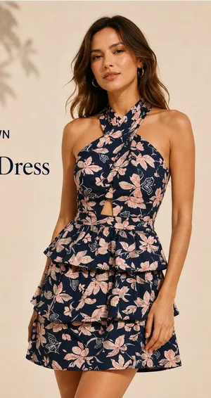 Outerknown Bailey Dress Size 2 Navy Floral Halter Ruffle Mini Dress NWT thumbnail 1