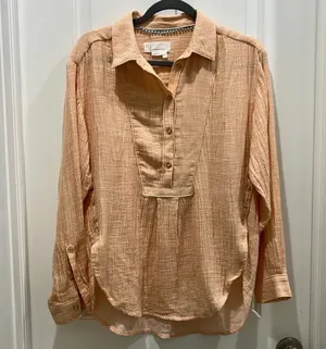 Anthropologie V-Neck Popover Cotton Long Sleeve Shirt in Orange Sz S thumbnail 5