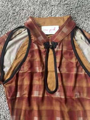 Dolls Kill Long-Sleeve Plaid Bodycon Dress in Rust & Gold Tones thumbnail 3