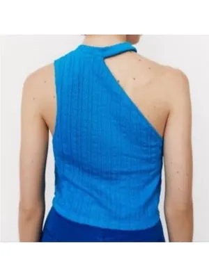 Nwt ZARA - ribbed asymmetrical cut out electric blue crop top Sz Large thumbnail 2