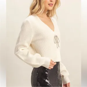 HYFVE Sparkly Bow Embellished Ivory Cardigan | Holiday Sweater thumbnail 2