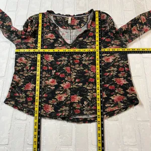 Anthropologie Pilcro Thermal Top Womens XL Split-Neck‎ Floral Waffle Knit Boho thumbnail 2