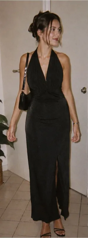 1990 style Elegant Black Halter Evening Dress - Women's Formal Gown thumbnail 1