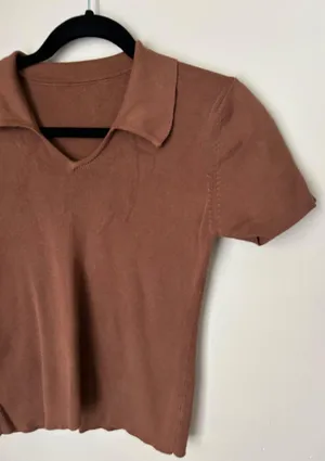 Brown Ribbed Collared Top Size M thumbnail 3