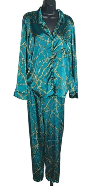 INC XL Two Piece Satin Pajama Set Green Chain Link Print thumbnail 1