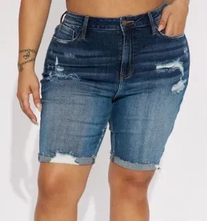 torrid Dark to Medium Wash Distressed Denim Bermuda Shorts thumbnail 1