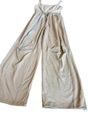 Outfeel Square Neck Tan Stretch Jumpsuit Full Length Wide Leg Flowy Size Medium thumbnail 5