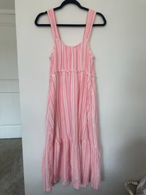 100% Cotton Women's Sleeveless Striped Doublecloth Tiered Midi Dress thumbnail 2
