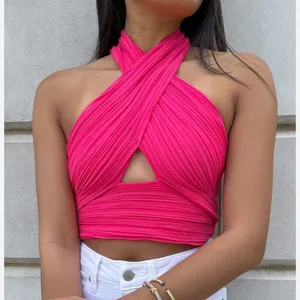 NEW Do+Be Hot Pink Pleated Halter Crop Top Tie Back Women’s Medium thumbnail 1