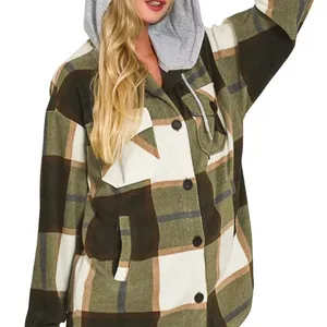 Zenana Plaid‎ Drawstring Hooded Fleece Shacket thumbnail 3