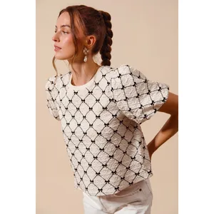 SO ME Bow Texture Woven Bubble‎ Sleeve Top - Ivory - Large thumbnail 5