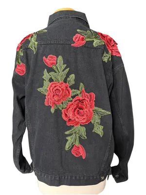 Carmar Black Denim Jacket with Red Rose Embroidery Size M thumbnail 3